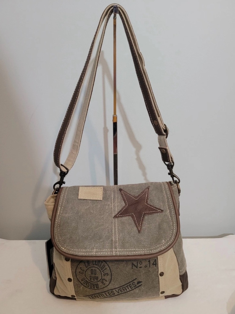 Myra Bag Canvas Leather Star Brown Trim Shoulder Bag Khaki Taupe - Picture 3 of 16